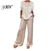 Women Satin Outfit 2 Pcs/Set Top Pants Set Round Neck Half Sleeves Blouse Elastic Waist Trousers Wide Leg with Pockets Daily Leisure Loose Solid Color