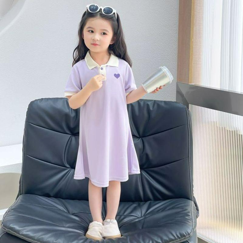 Girls Lapel Dress Summer Girls Solid Color POLO Skirt A-line Skirt Short-sleeved Comfortable Home Service