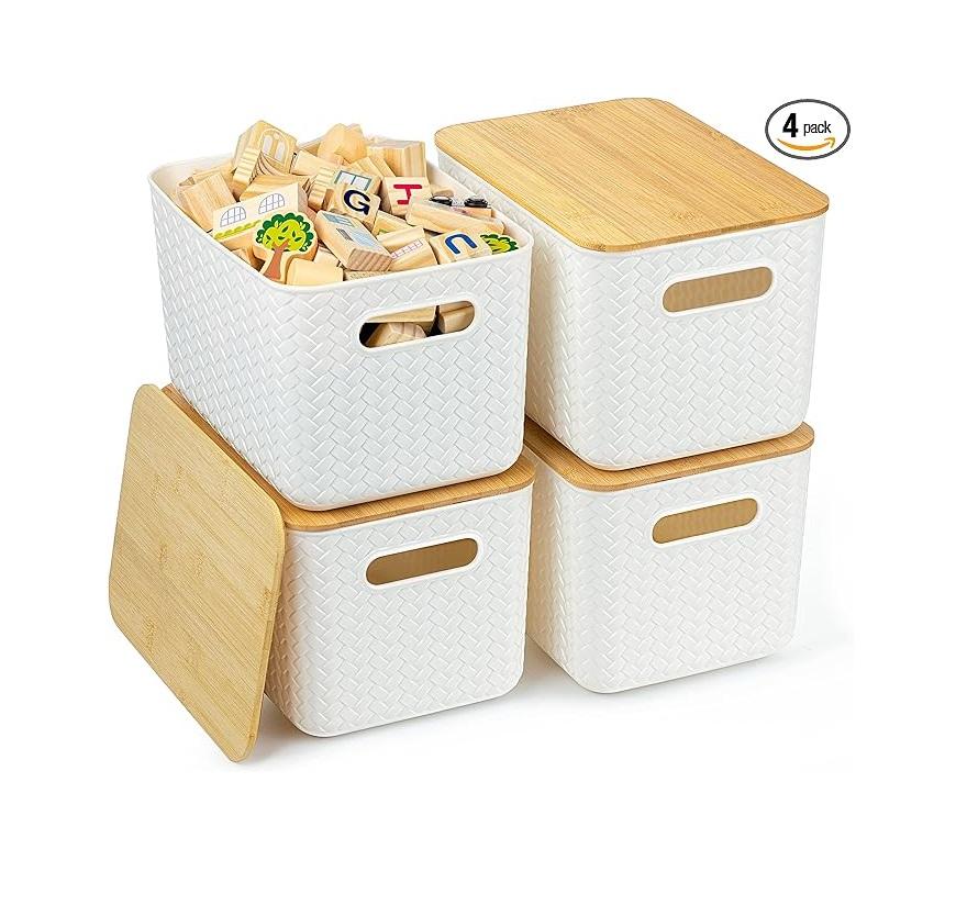 Plastic Storage Baskets With Bamboo Lid Stackable Storage Bins: Storage Baskets for Organizing 1pack