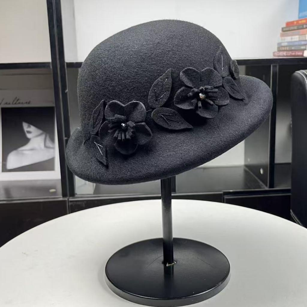 Sweet Light Luxury Trendy Top Hat Retro Flower Wool Pot Hat Fashion Warped Beret Autumn and Winter Warm Pot Hat Women