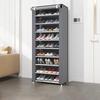 Multi-layer shoe cabinet with dust-proof rolling shutter door. Space-saving storage organizer for everyday use.