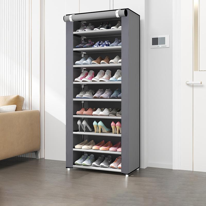 Multi-layer shoe cabinet with dust-proof rolling shutter door. Space-saving storage organizer for everyday use.