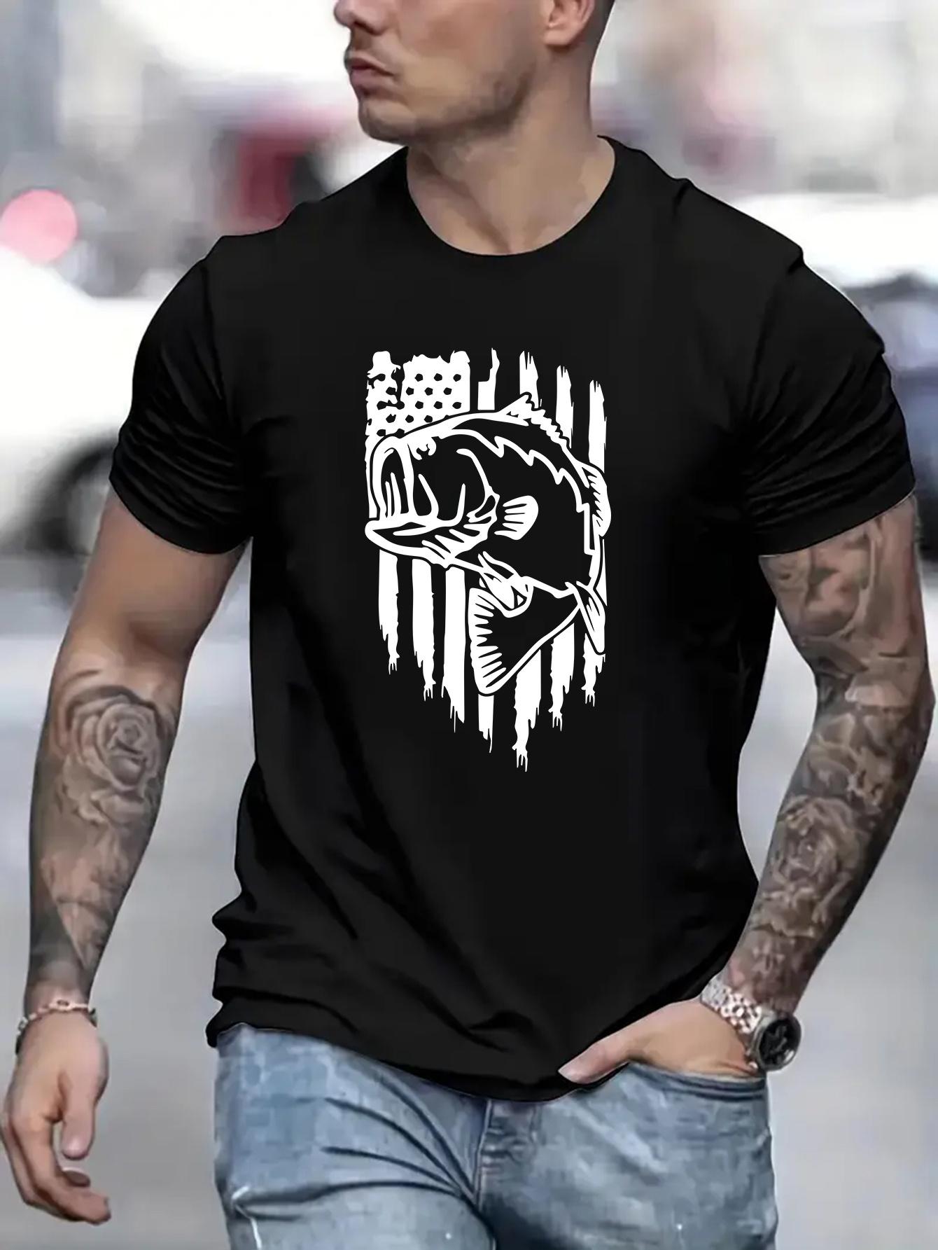 Fish and American Flag Print TShirt Mens TShirt Summer Casual Short Sleeve TShirt S