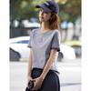Damen Baumwolle Color-Block Bestickt Pailletten Kurzarm T-Shirt