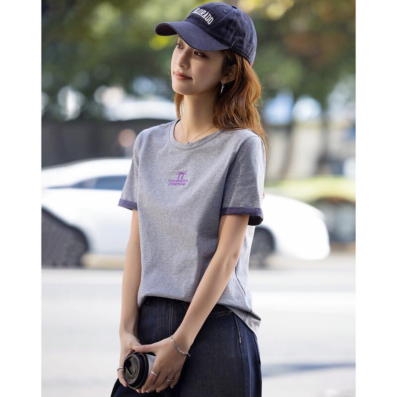 Damen Baumwolle Color-Block Bestickt Pailletten Kurzarm T-Shirt