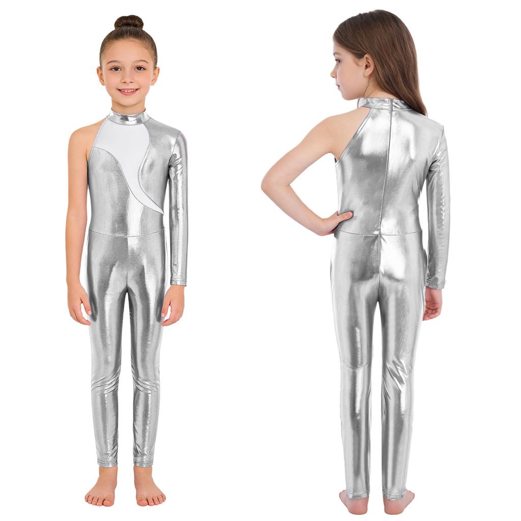 Girls Stage Performance Jumpsuit: Asymmetrical Metallic Mock Neck Mesh Patchwork Back Invisible Zipper Bodysuit Dancewear