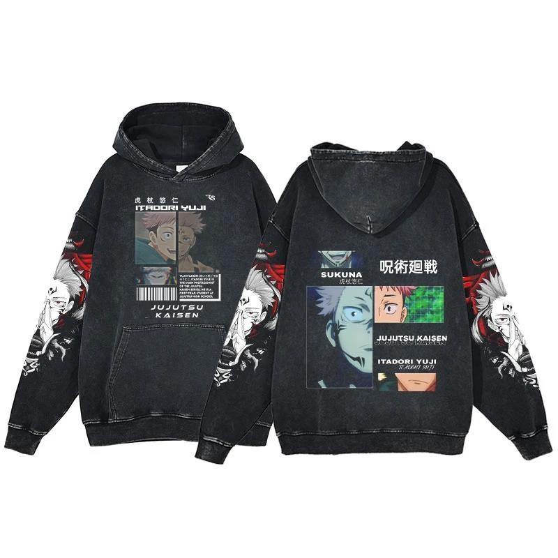 Anime Jujutsu Kaisen Ryomen Sukuna Print Washed Hooded Men Manga Vintage Hoodies Casual Cotton Streetwear Harajuku Sweatshirt