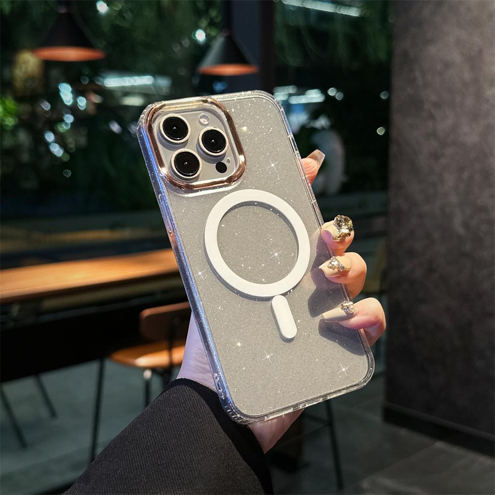 Luxury Clear Bling Glitter Armor For Magsafe Wireless Charge Phone Case for iPhone 15 14 13 Pro Max Magnetic Plating Hard Cover