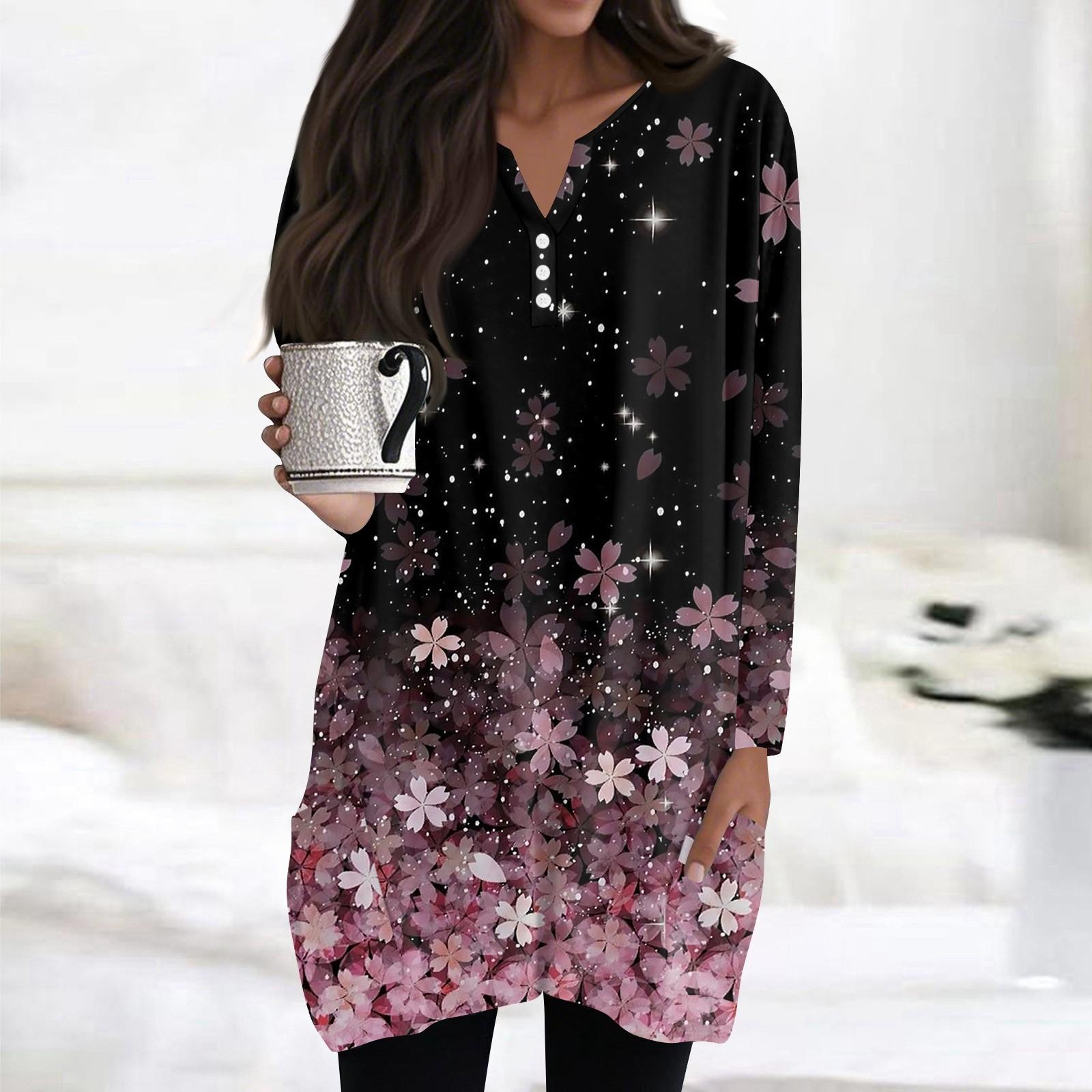 

Женские топы V-образный вырез пуговицы длинный рукав блузки повседневные средней длины рубашки модный принт туника топы с карманами M фиолетовый