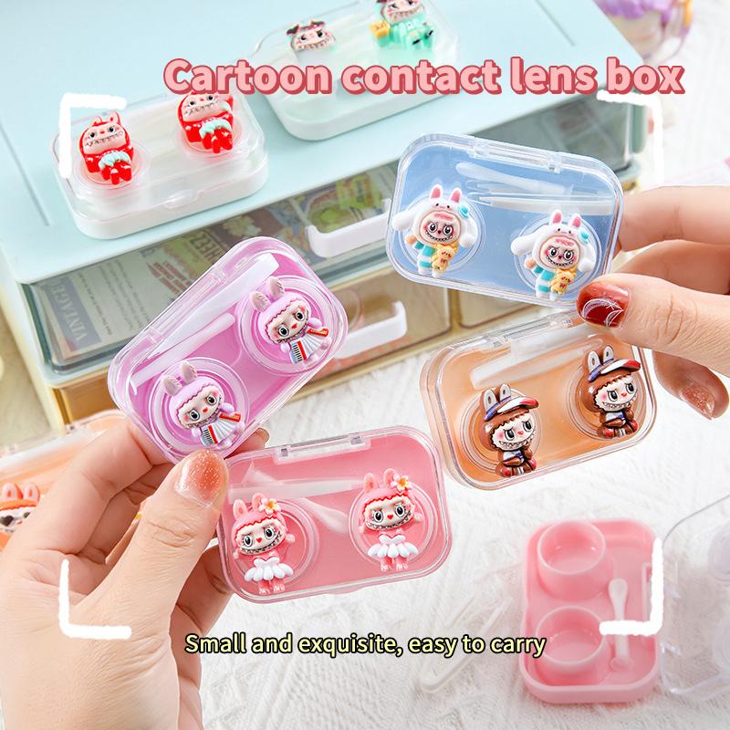 Cute Portable Eye Contacts Case Labubu Cartoon Beauty Pupil Storage Box With Wearing Stick Tweezers Travel Contact Lenses Case