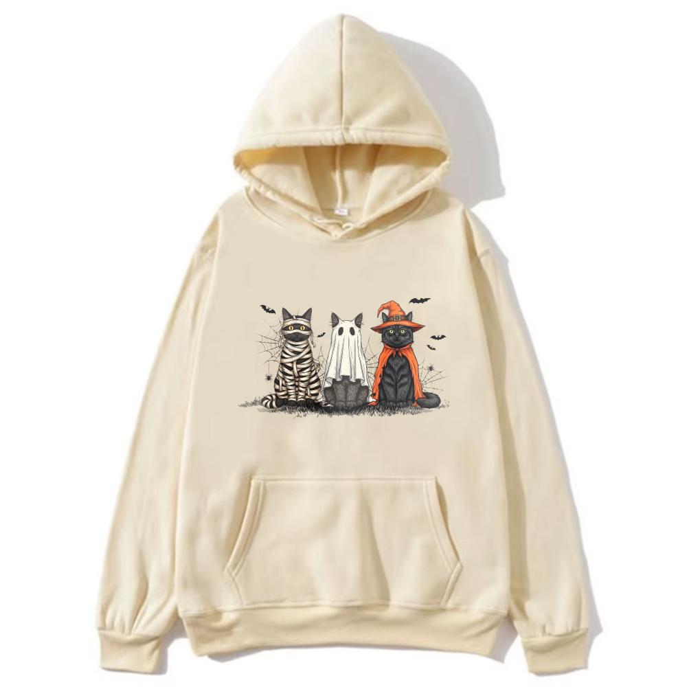 Halloween Costume Cat Women Hoodie Unisex Trendy Outerwear Mummy Ghost Witch Feline Bat Web Accents Casual Fashion Autumn Pullovers