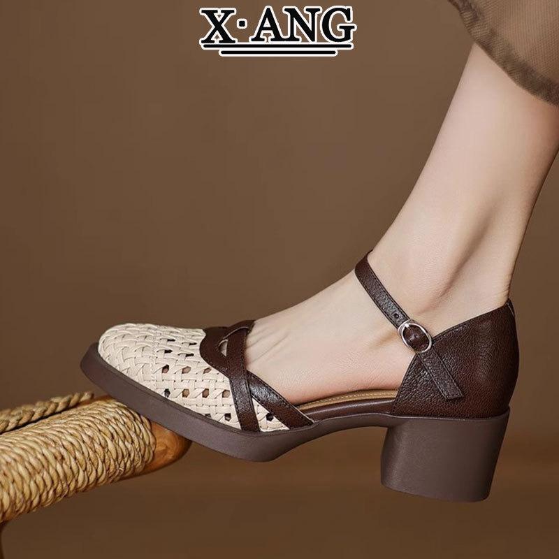 Leather Bag Head Sandals Women's with Skirt High Heels Women's Shoes Thick Heel One-button Sandals Woven Hollow Pig Cage Shoes