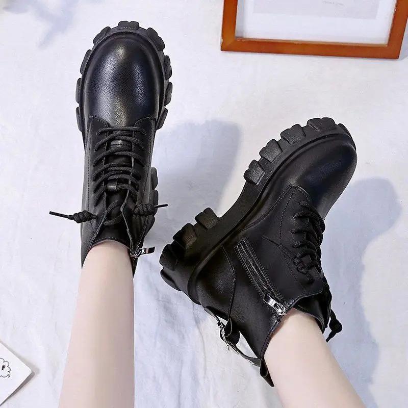 Round Toe Med Heel Boots Women Shoes Autumn Boots-women Booties Ladies Lace Up Luxury Designer Lolita Black 2025 Rubber Flat