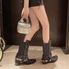 Sapatos Mulher Botas Rasas Chelsea Rebites Bico Redondo Cano Baixo Rock Tornozelo Bico Fino Preto Cowboy Borracha Senhoras Filigrana Montaria Cadarço Slip-O