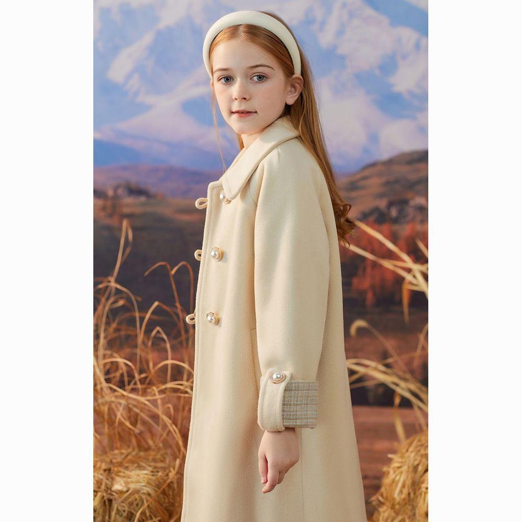 Casaco de Lã Fashion para Meninas para Outono e Inverno Casaco Longo de Lã Acolchoado de Algodão Casual Infantil Bege