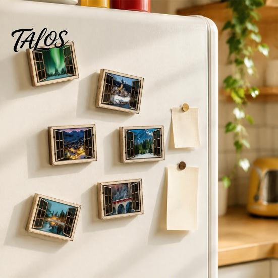 Nature View Fridge Magnet 1/6Pcs Fake Window Magnet, Wooden Natural Scenery Refrigerator Landscape Decor Magnets Magnetic Decoration for Kitchen