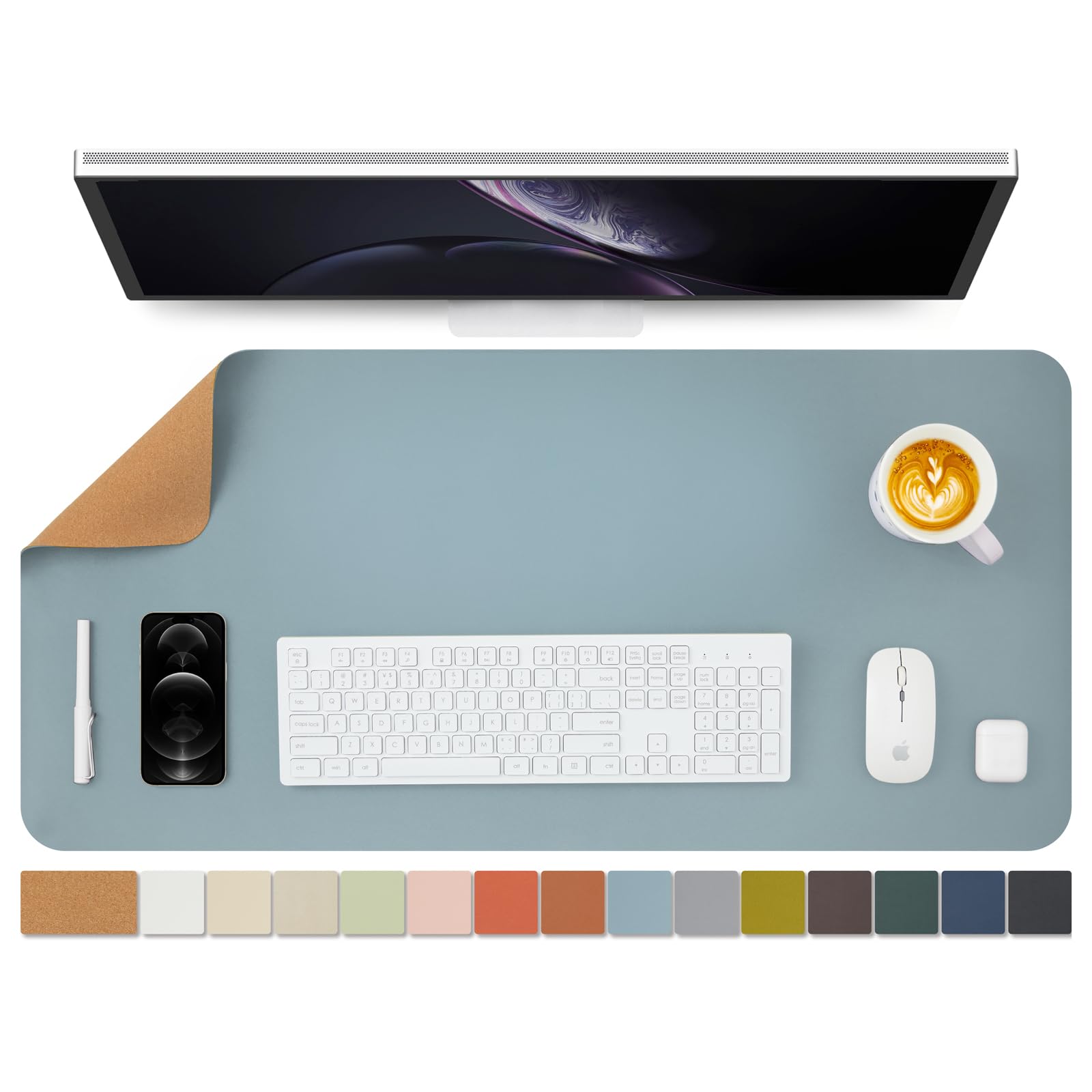 

Двусторонний коврик для стола из натуральной пробки и полиуретана, большой коврик для мыши, протектор для стола, водонепроницаемый коврик для клавиатуры, идеально подходит для офиса, дома, игр, декора (Светло-голубой,