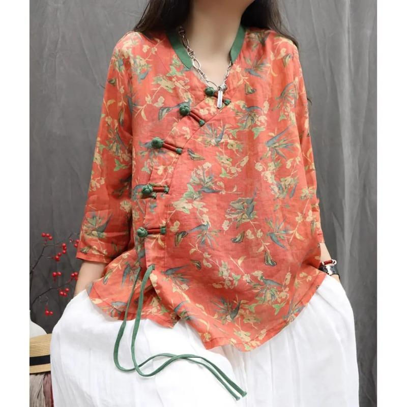Women Floral Print Mandarin Collar Linen Blend Qipao Style Blouse M