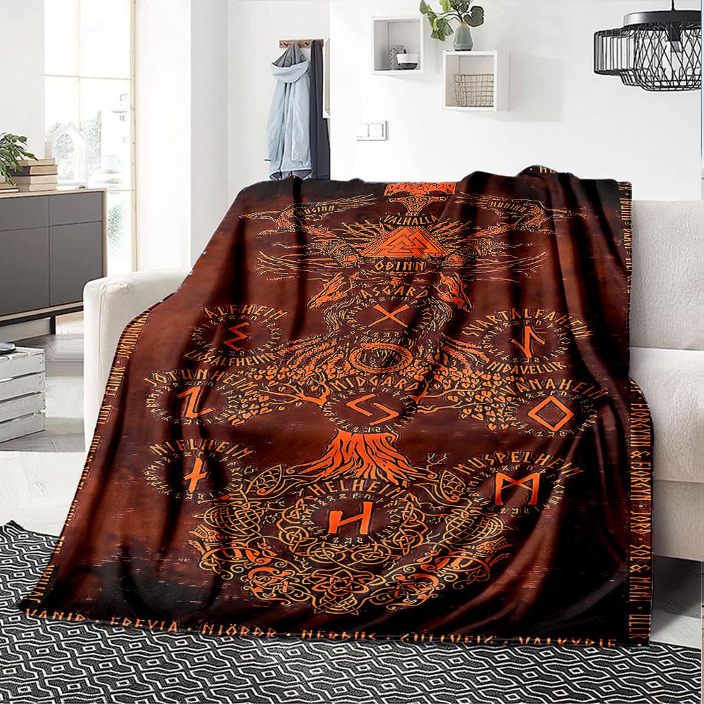 1 szt. Koc Nordic Mythology Miękki Flanelowy, Przytulny Poliester na Cały Sezon, Idealny do Domu, Biura