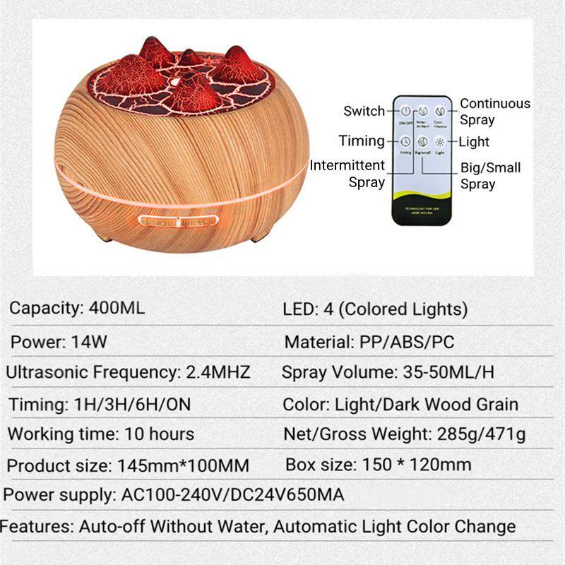 400 ml dálkově ovládaný difuzér esenciálního oleje pro aromaterapii s ledovým světlem sopka ultrazvukový zvlhčovač vzduchu difuzor
