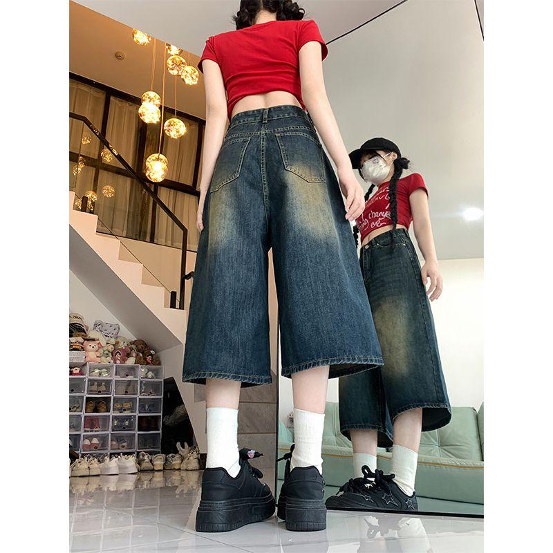 Retro Blue Wide Short Jeans Women Baggy Y2k Jorts Casual Vintage Streetwear Harajuku Korean Style Denim Shorts Basic Summer