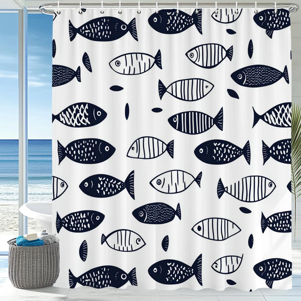 1pc Sea Turtle Print Waterproof Shower Curtain,Beach Coastal Ocean Turtle Starfish Partition Privacy Hanging Curtain with Hooks