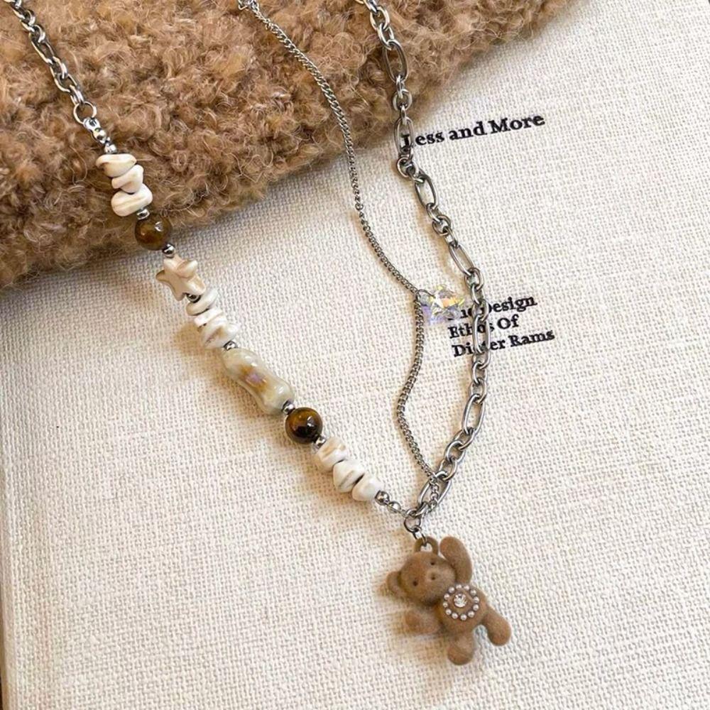 Sweet Bear Pendant Necklace Funny Sweet Choker Cute Flocked Bear Necklace  Sweater Chain