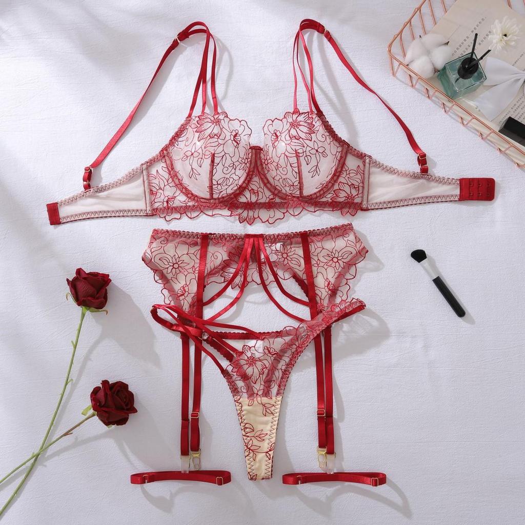 Sexy Sheer Lingerie Set for Women Floral Embroidery Multi-strap Bra Set Adjustable Split Lingerie Set