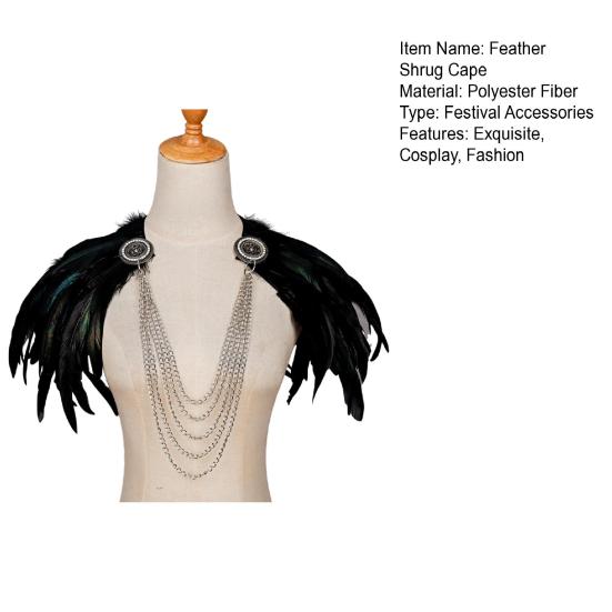 Women's Black Feather Shawl Cape Gothic Feather Shrug Poncho Collar Witch Cosplay Costume for Halloween Carnival
