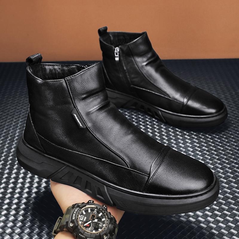 Fashion Winter Men Leather Boots for Man Warm Plush Inside High Tops Leather Casual Shoes Platform Snow Ankle Thick Plush Cotton Shoe