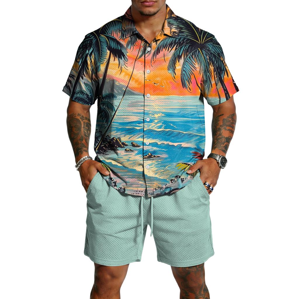 Herren Casual Leichtes Atmungsaktives Kurzarmhemd und Shorts Set