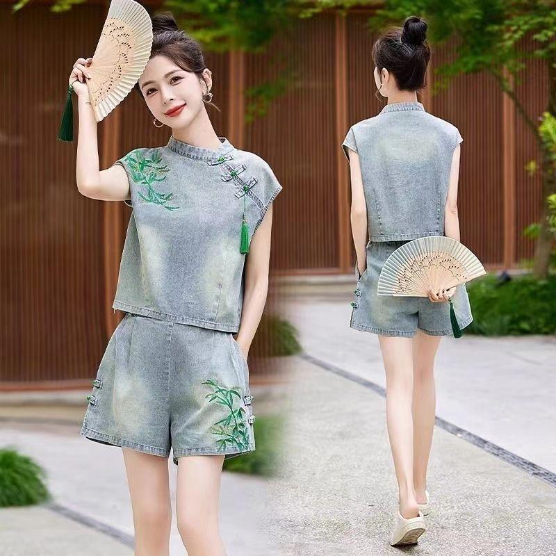 Summer Women Denim Two Piece Set Vintage Embroidered Wide Leg Shorts Chinese Fashion