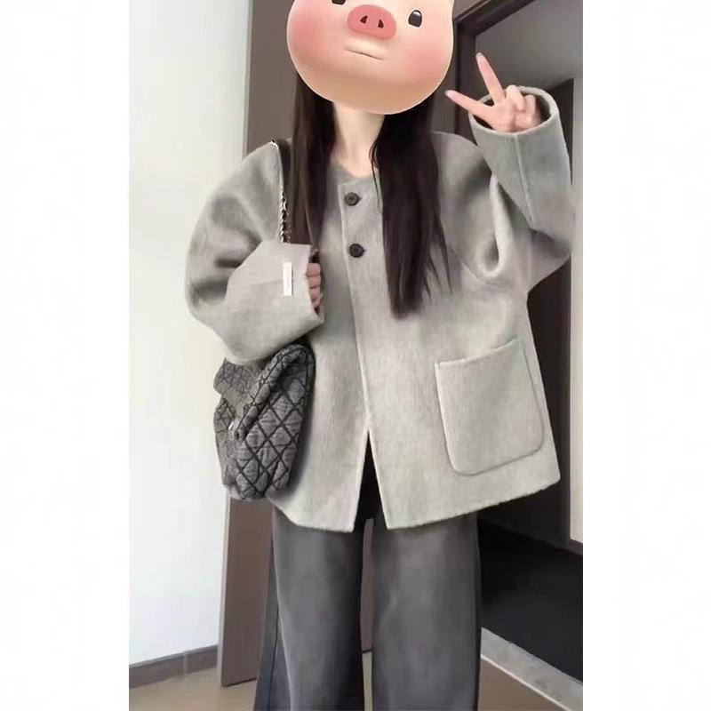 

Short Pocket Double-sided Woolen Coat for Women Winter Korean Style Lazy Style Loose Warm Thickened Woolen Casual Coat 2XL сірий