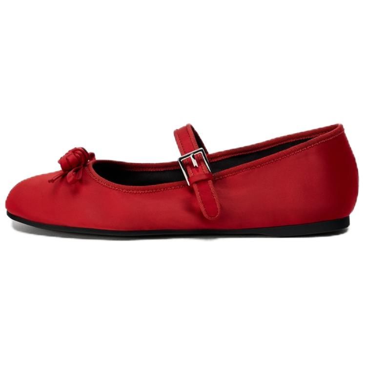 ZARA Satin Bow Detail Mary Jane Flat Shoes Red Womens 1181551038 40