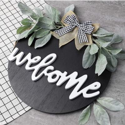 30cm Welcome Sign Wreath Artificial Ornaments Seasonal Round Wooden Hanging Garland for Housewarming