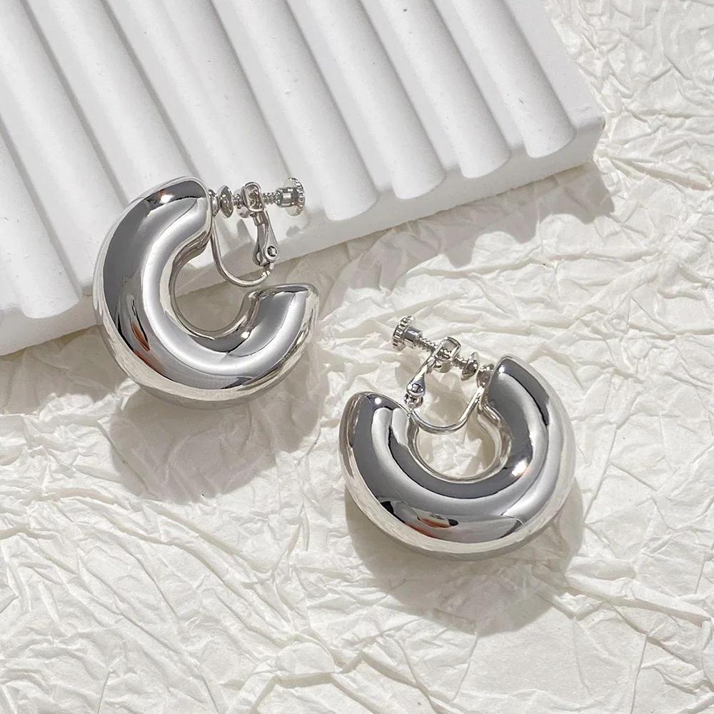 Vintage Oversize Chunky Round Circle Clip Earring for Women C Shape Tube Thick Without Pierced Hoop Earclips Jewelry Trendy