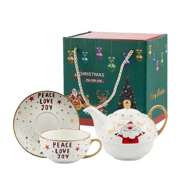Christmas Theme Ceramic Teaware Set Teapot Tea Cup Xmas Party Afternoon Tea Mug Gold Plated Handle Coffee Cup &saucer Xmas Gift
