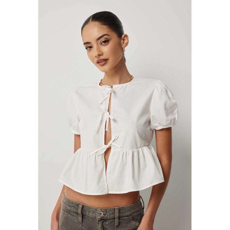 

Canada Retro Fashion White Shoelace Puff Sleeves Short Sleeve Shirt for Women White XL