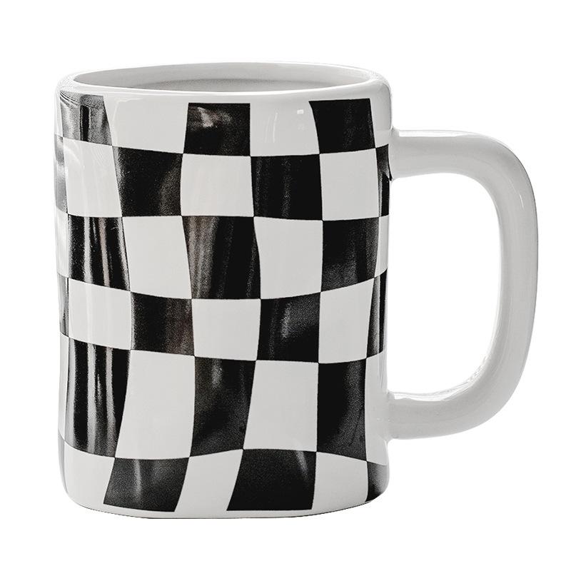 Checkerboard Irregular Mug Water Cup Couple High Value Ceramic Cup Ins Cup Gift