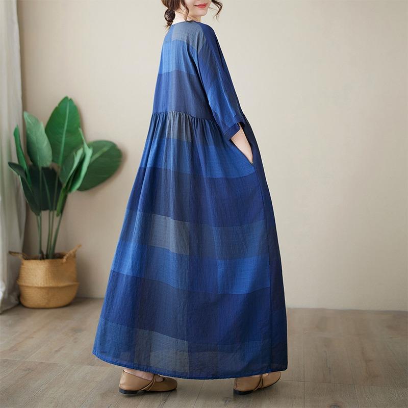 Real Shot Summer New Cotton and Linen Literary Loose Round Neck Short Sleeve Bohemian Medium and Long Dress Women