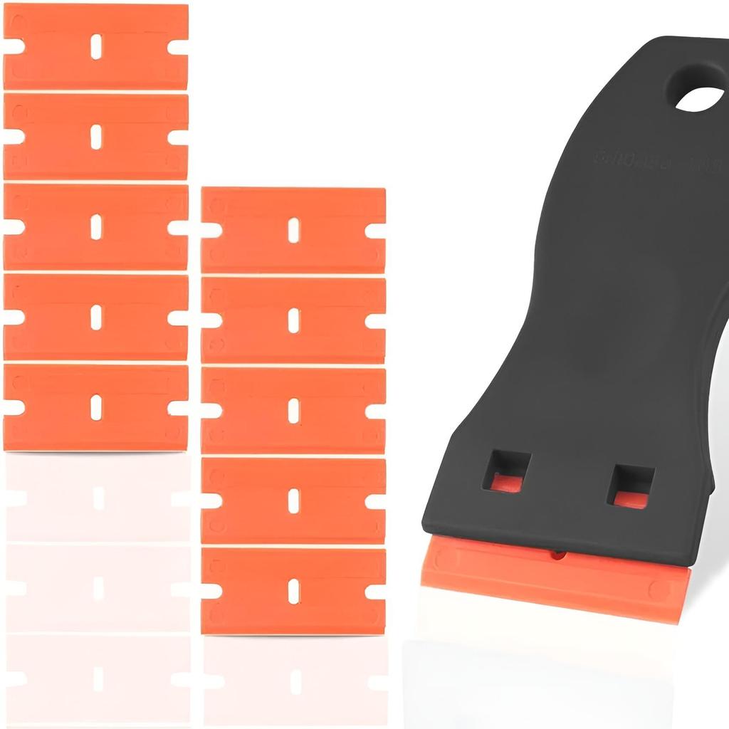 Plastic Razor Scraper with 10pcs Double Edged Plastic Blades Hair Extension Tool for Debris Sticker Label On Glass Windows Removal Scraper Tool