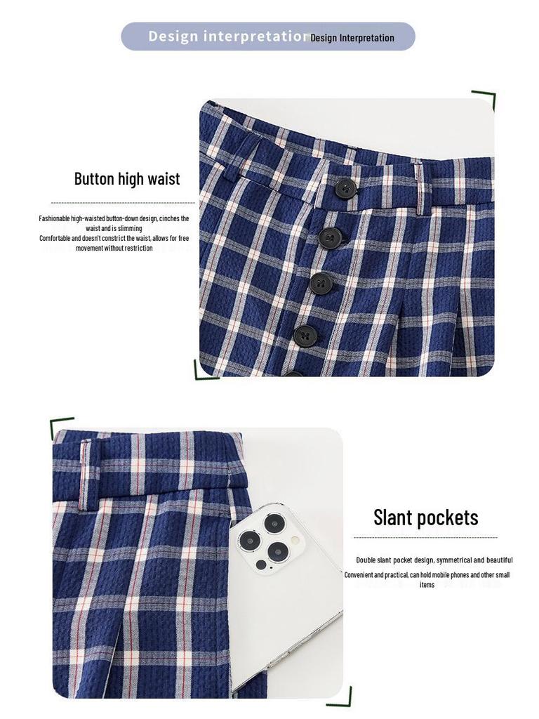 Women's Blue Plaid High-Waist Wide-Leg Summer Pants: New 2026 Fashion, Casual, Floor-Length Drape Design.