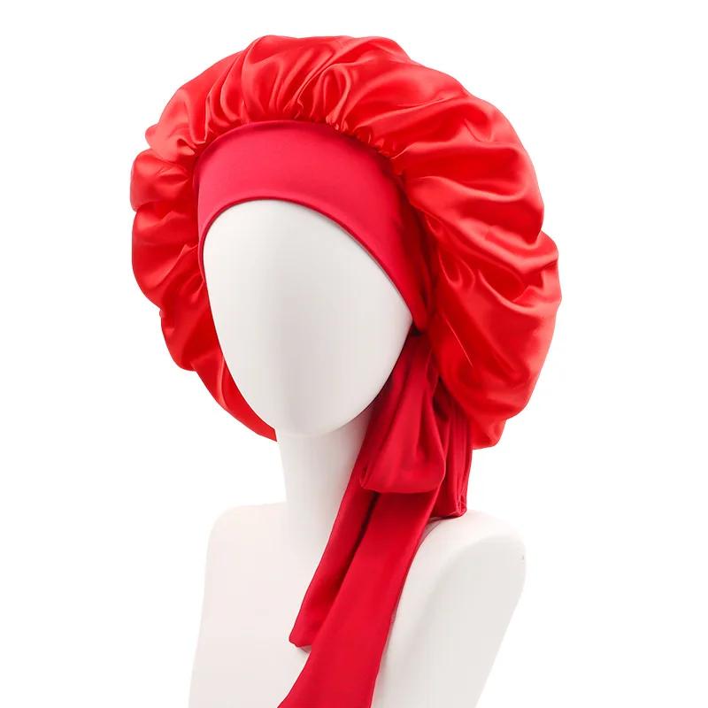 Satin-Schlafmütze Elastischer Streamer Runder Hut Einfarbig Lange Haare Make-up-Kappe Geknotete Schönheits-Dauerwellkappe Crossborder