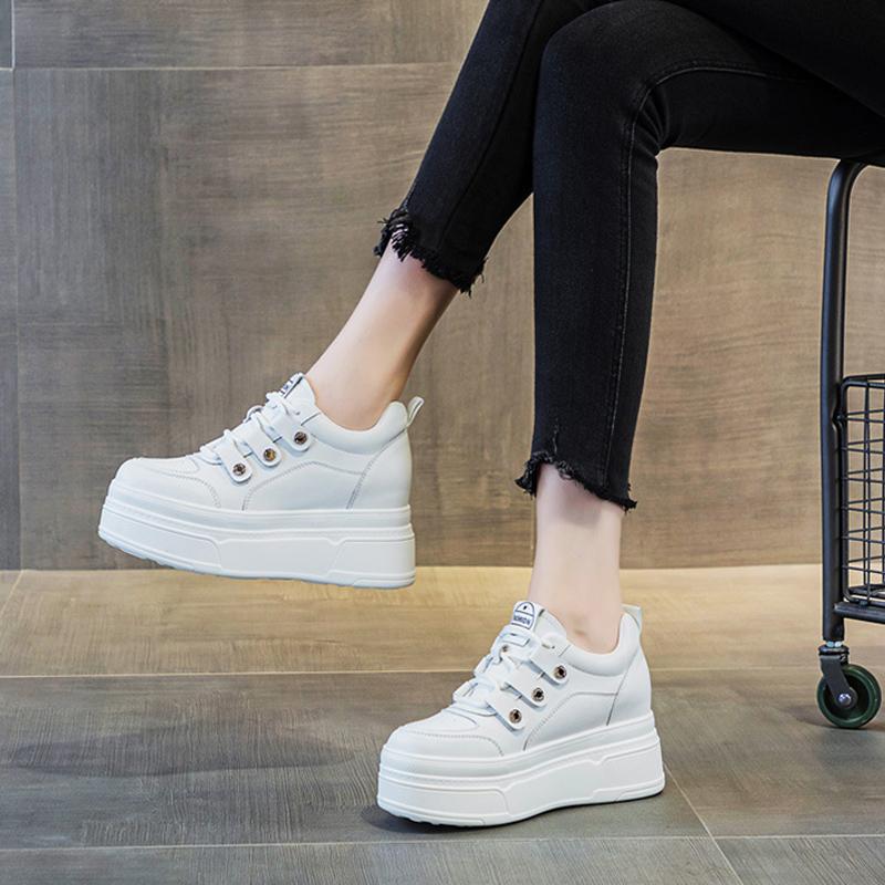 100% Genuine Leather Women White Shoes Fashion Sneakers Ladies Shoes Casual Soft Breathable Height Increasing Shoes 9cm