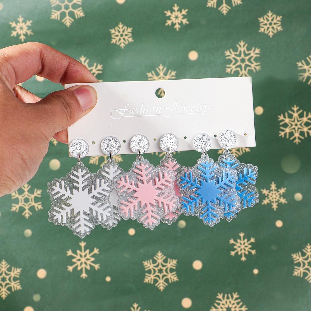 3pair Glitter Christmas Snowflake Acrylic Earrings for Women New Year Double-Deck Snowflakes Drop Earring Party Jewelry Gifts