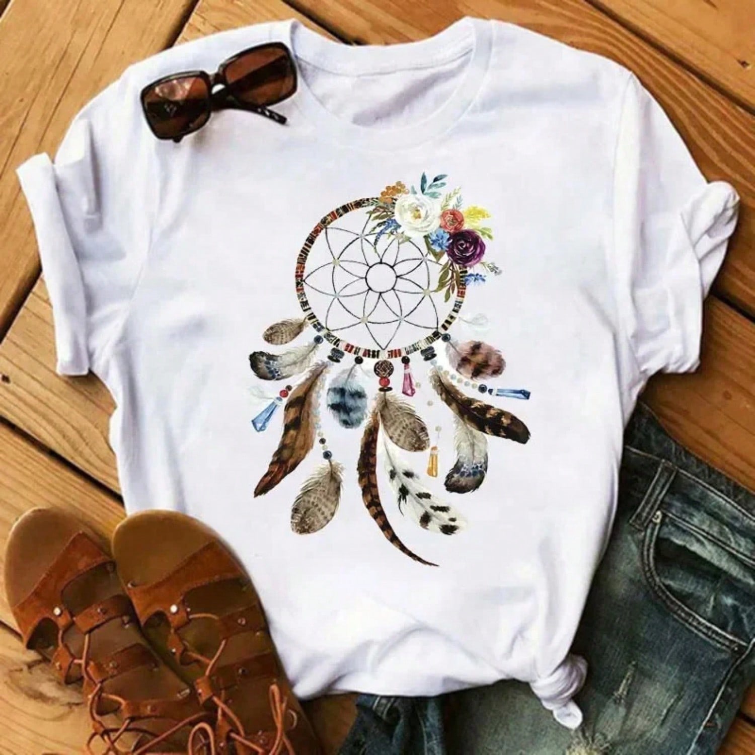Fashion Feather Dreamcatcher T Shirt unisex Harajuku Graphic Tees Shirt Femme Dream Catcher unisex s T-Shirt Clothes Tops S разноцветный
