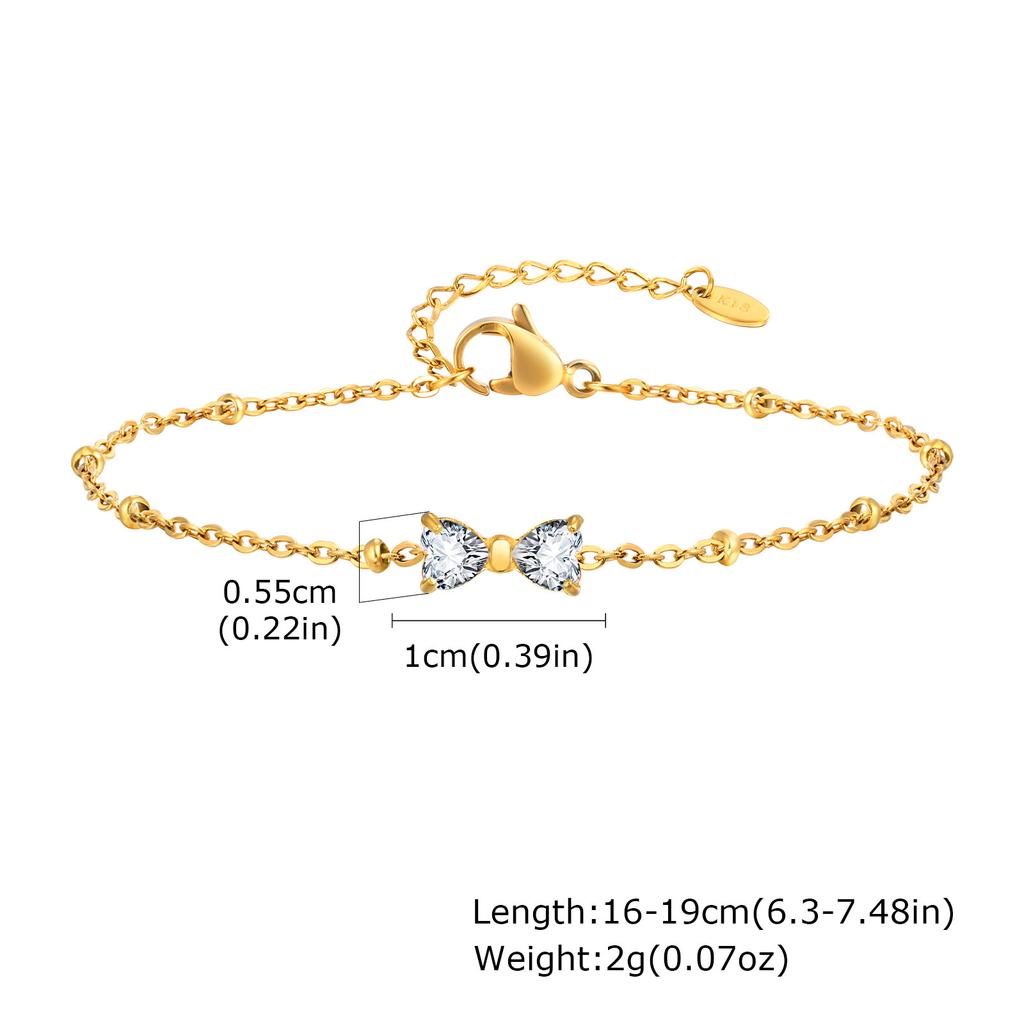 Cubic Zirconia Bow-tie Charms Bracelet For Women, Stainless Steel Satellite Chain Adjustable, CZ Bowknot Bracelets