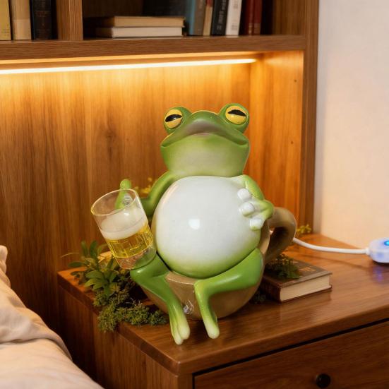 Drinking Frog Figurine Night Light Sitting on Cup Frog Decorative Lamp Resin Statue Figurine Home Office Bedroom Desktop Ornament