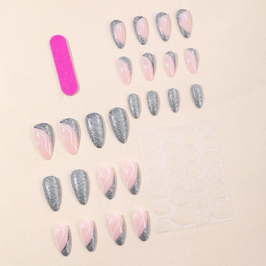 Almond-Shaped Snowflake Glitter Nail Tips, Reusable Holiday False Nails