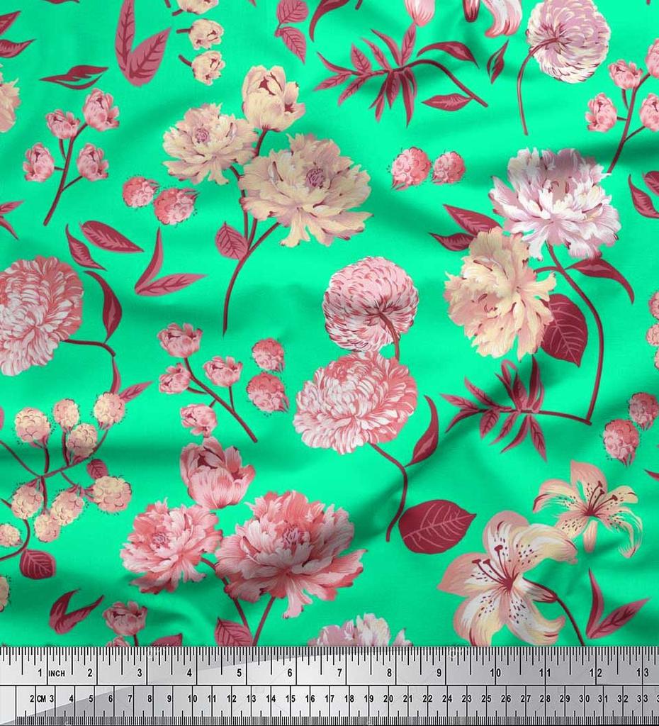 Soimoi Japan Crepe Satin Fabric Leaves,Peony & Dahlia Flower Printed Fabric 1 Metre 42 Inch